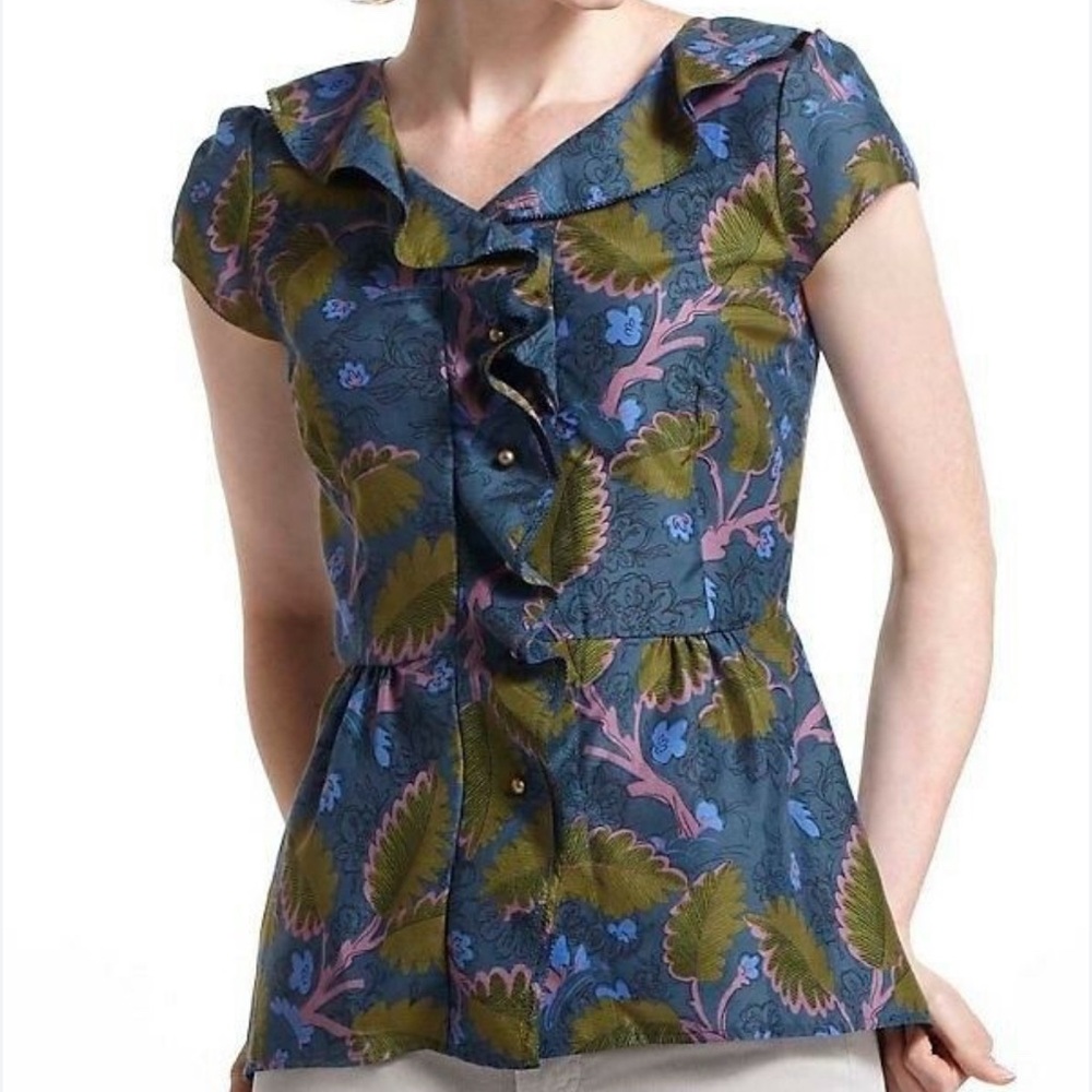 Anthropologie Vanessa Virginia Top – Small 
Blue and Green Leaf Print Blouse